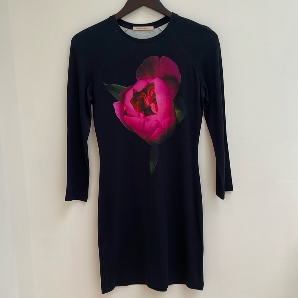 CHRISTOPHER KANE black jersey knit dress pink flower Medium